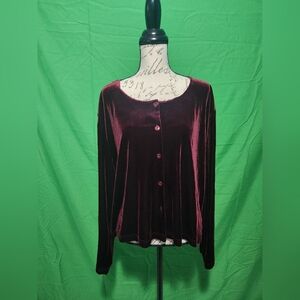 Velvet, Deep Wine Red, Sumptuous Button Up Long-Sleeve Cardigan. Office Siren.
